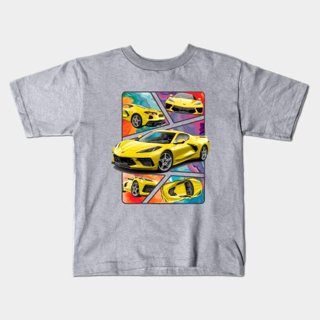 Multiple Angles of the Accelerate Yellow C8 Corvette Presented In A Bold Vibrant Panel Art Display Supercar Sports Car Racecar Accelerate Yellow Corvette C8 Kids T-Shirt by Tees 4 Thee